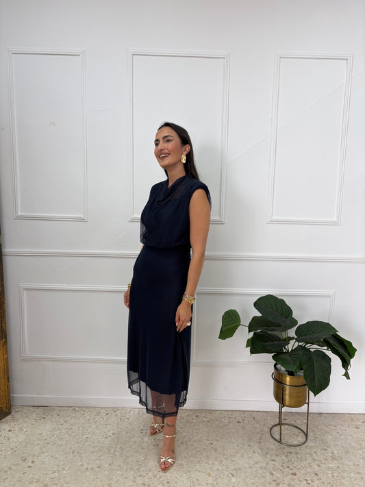 VESTIDO TUL HOMBRERAS MARINO