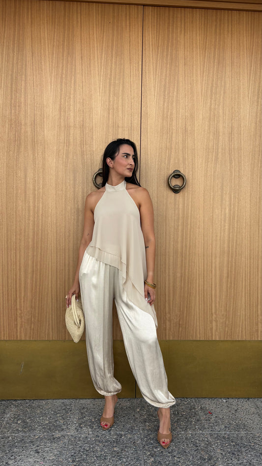 PANTALON BOMBACHO SATÉN BEIGE