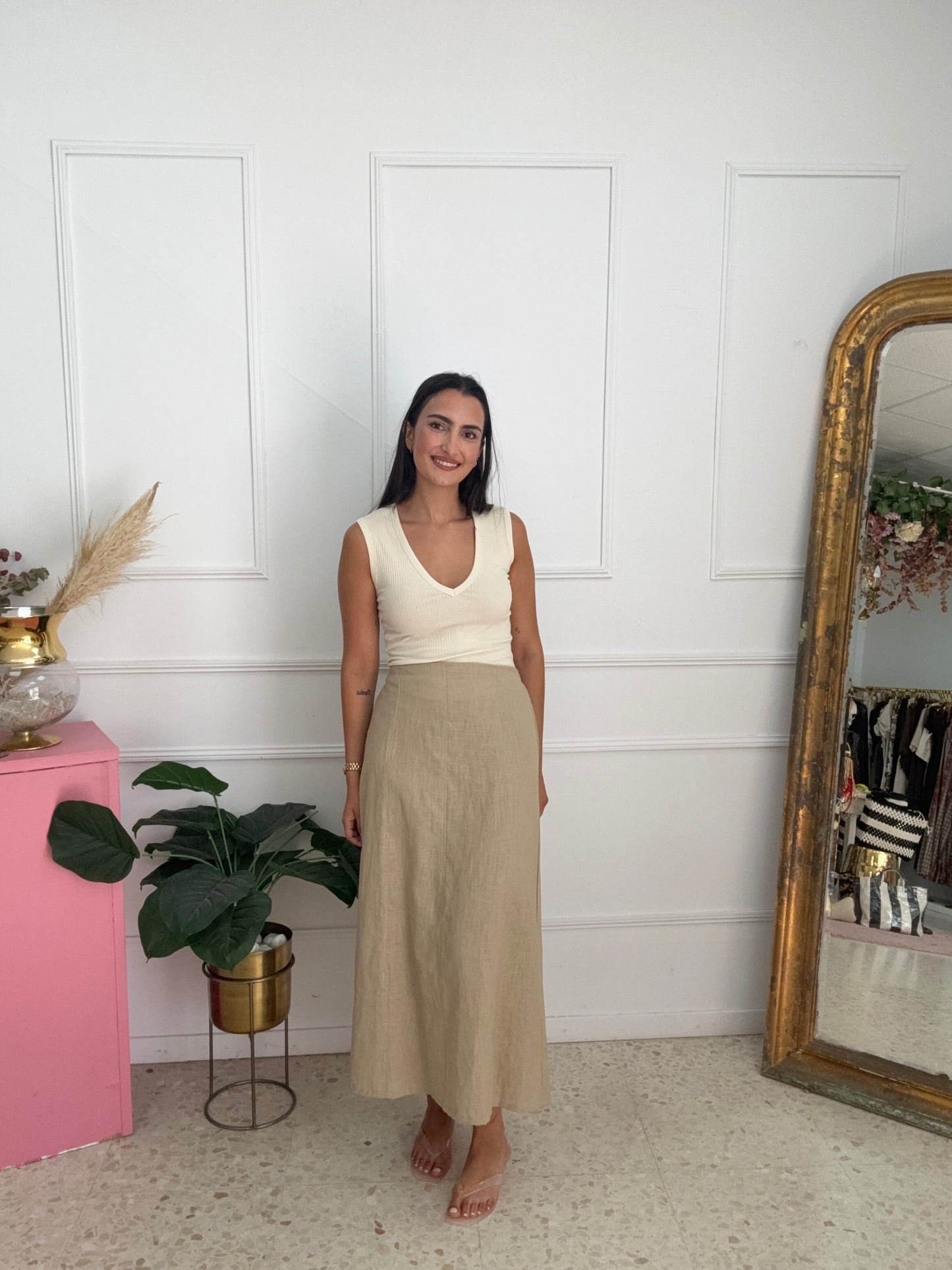 FALDA BEIGE PURO LINO
